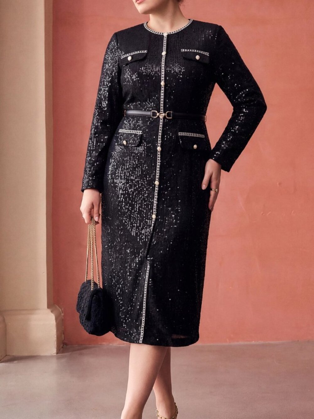 Black Elegant Women's Plus Size Flap Pocket Dress